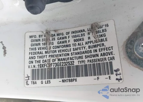 2016 Honda Civic Ex z USA, uszkodzony, nr VIN 19XFC2F73GE232532